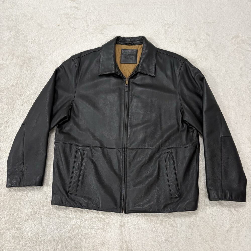 Dockers Mens L Black Genuine Leather Jacket Quilted Lined Full Zip Y2K